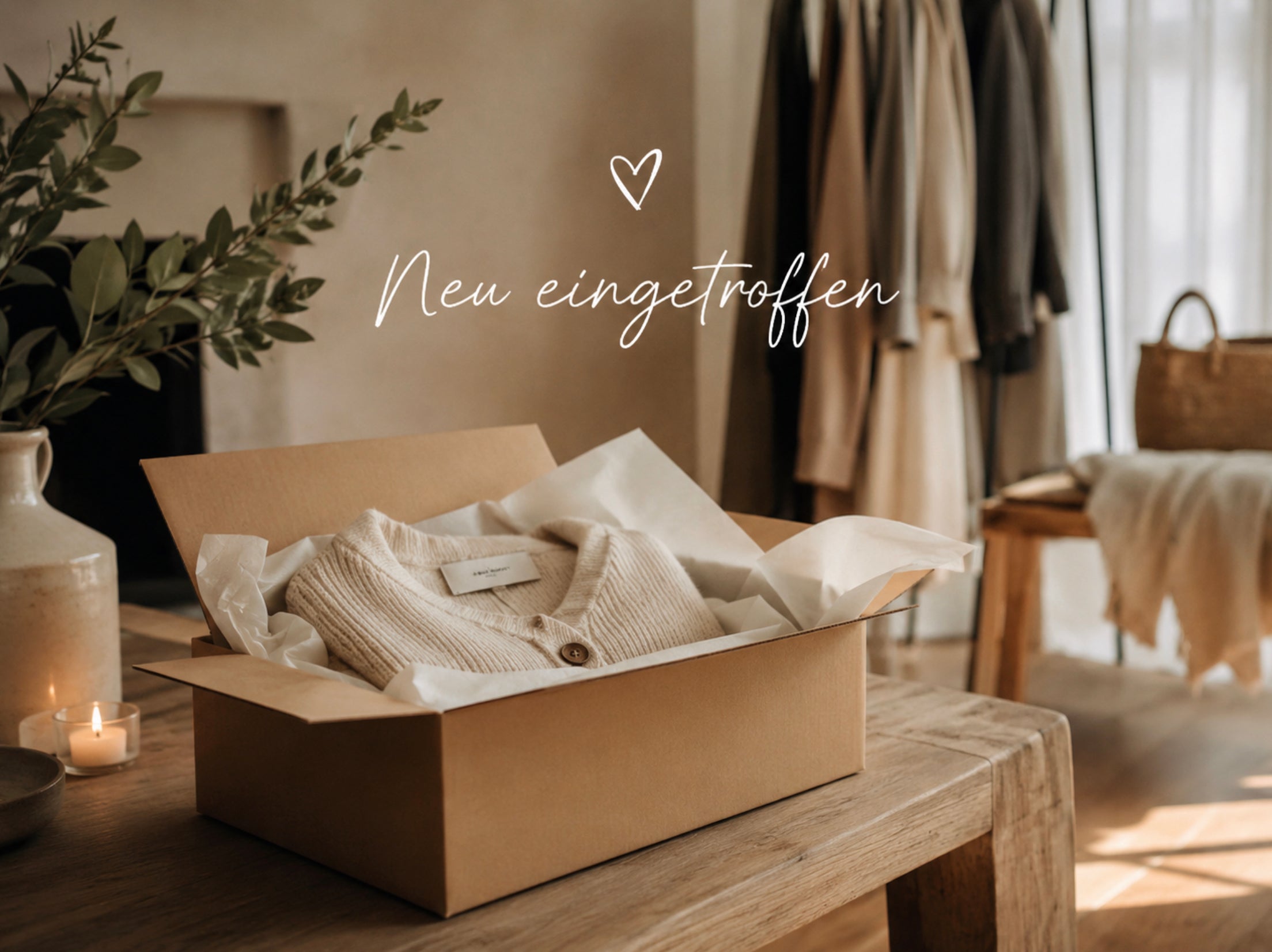 Geöffnete Versandbox mit neu eingetroffener Strickjacke in einem warmen, gemütlichen Wohnambiente bei Hübsches Ding.