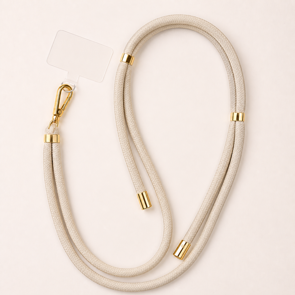 Ohhhwelll Fabric Phone Strap in Beige mit goldfarbenen Metallteilen