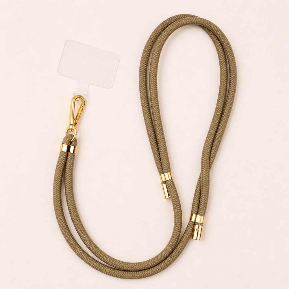 Ohhhwelll Fabric Phone Strap in Coffee mit goldfarbenen Metallteilen