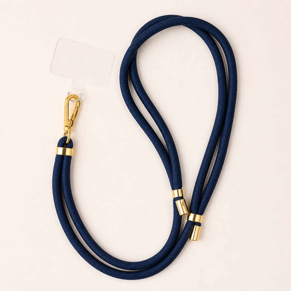 Ohhhwelll Fabric Phone Strap in Navy mit goldfarbenen Metallteilen