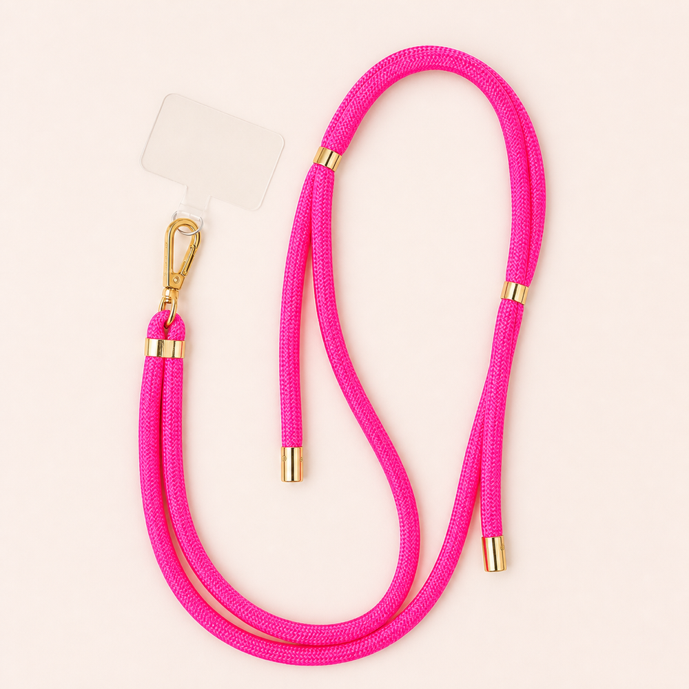 Ohhhwelll Fabric Phone Strap in Neon Pink mit goldfarbenen Metallteilen
