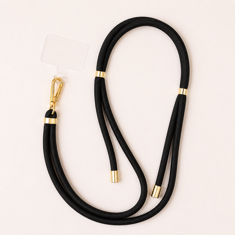 Ohhhwelll Fabric Phone Strap in Schwarz mit goldfarbenen Metallteilen