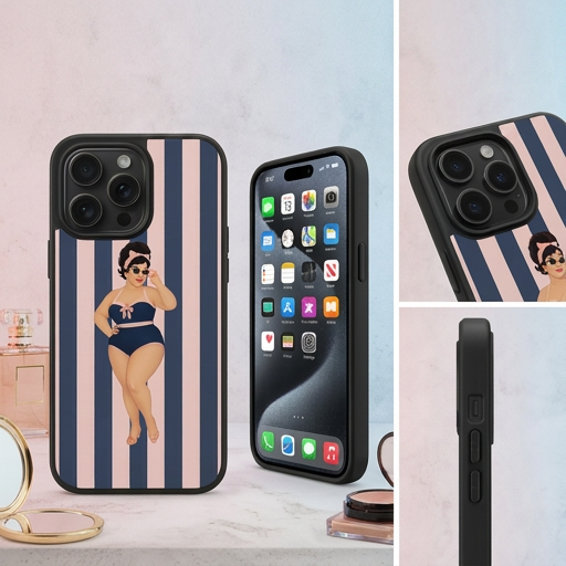 iPhone Handyhülle Pin-up Lady Rosa-Blau – Vintage Streifen Design