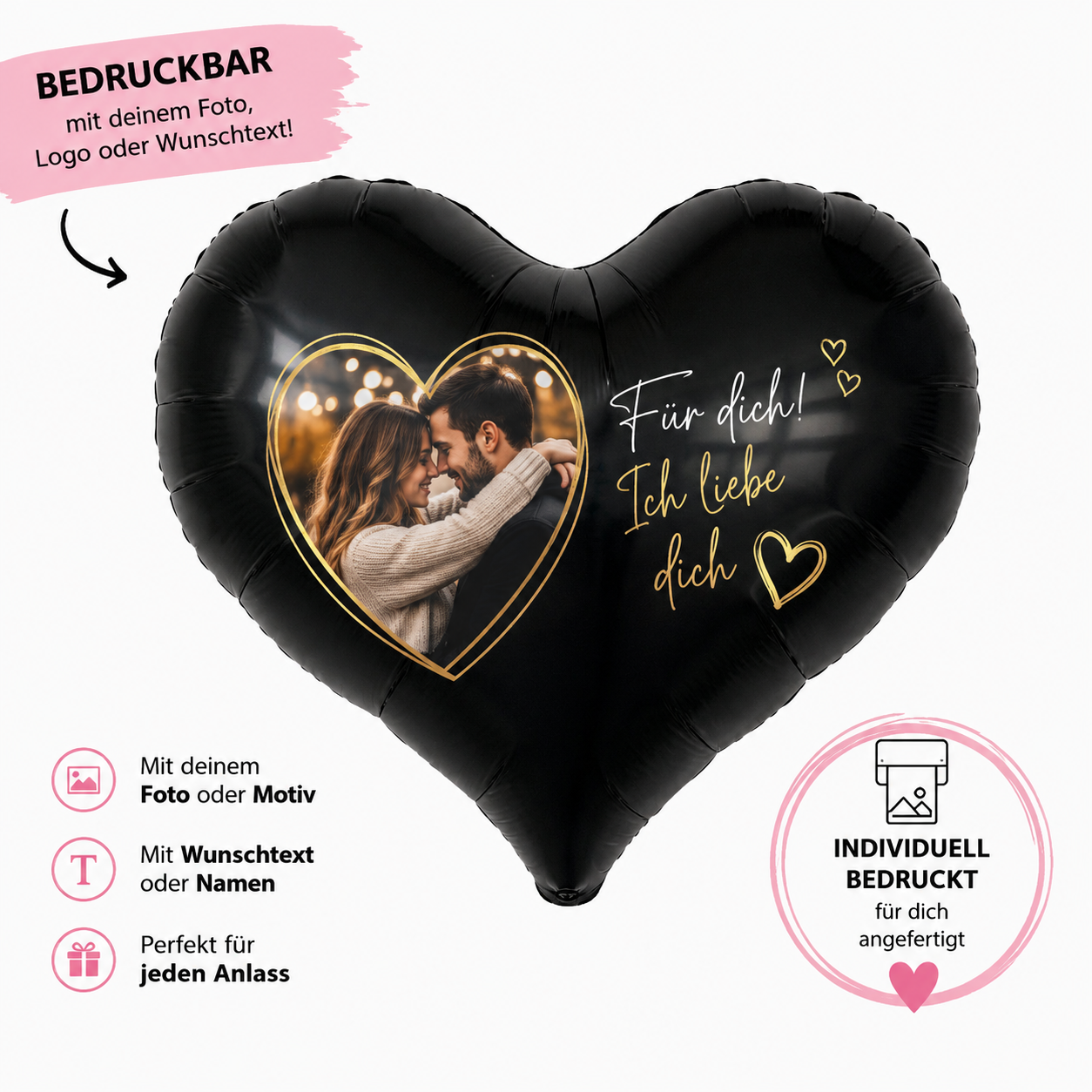 Personalisierter Herz Folienballon mit eigenem Foto und Wunschtext – individuell bedruckbarer Heliumballon für Hochzeit, Geburtstag, Jahrestag und besondere Geschenke
