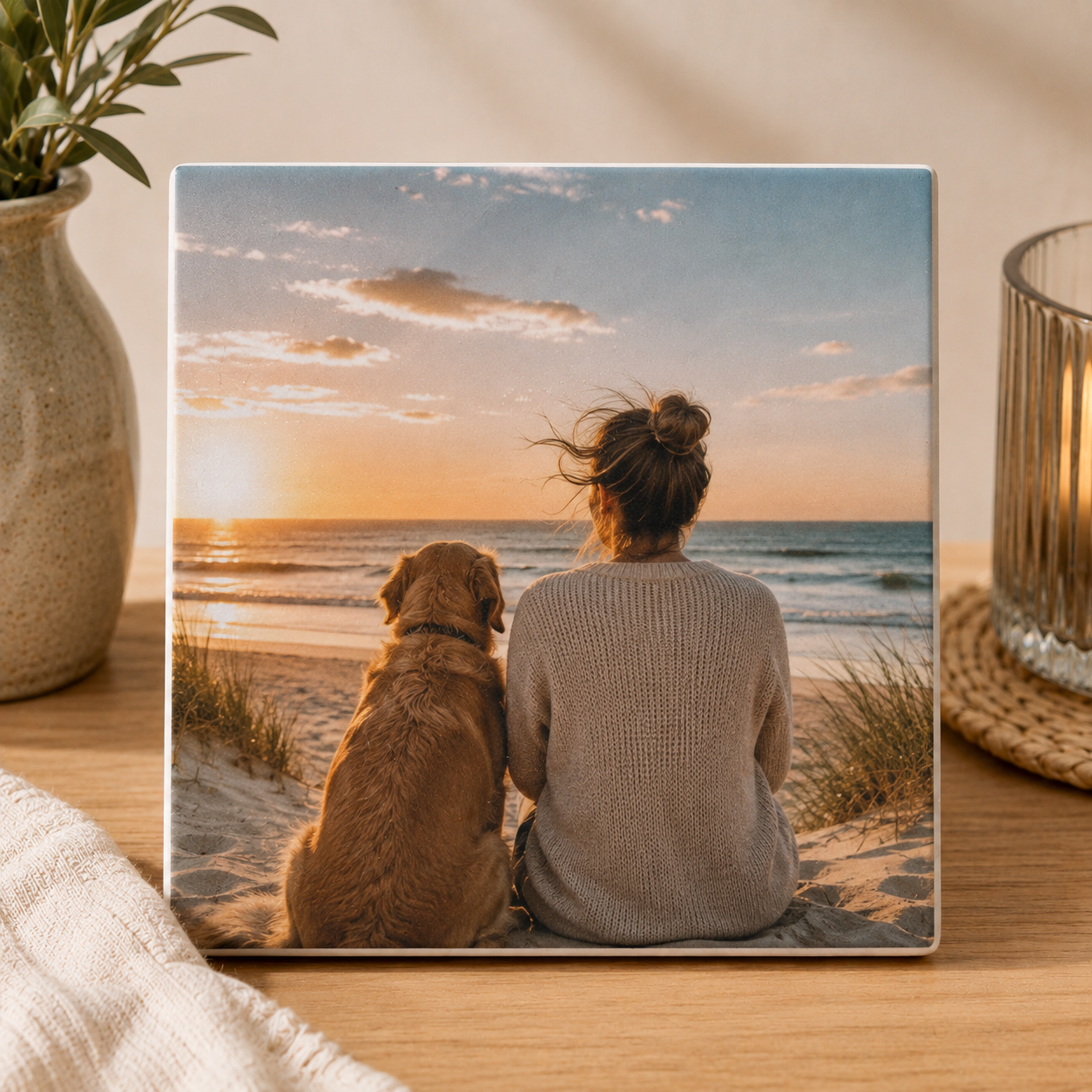 Personalisierter Untersetzer aus Fliese mit vollflächigem Foto einer Person und ihres Hundes von hinten am Strand bei Sonnenuntergang