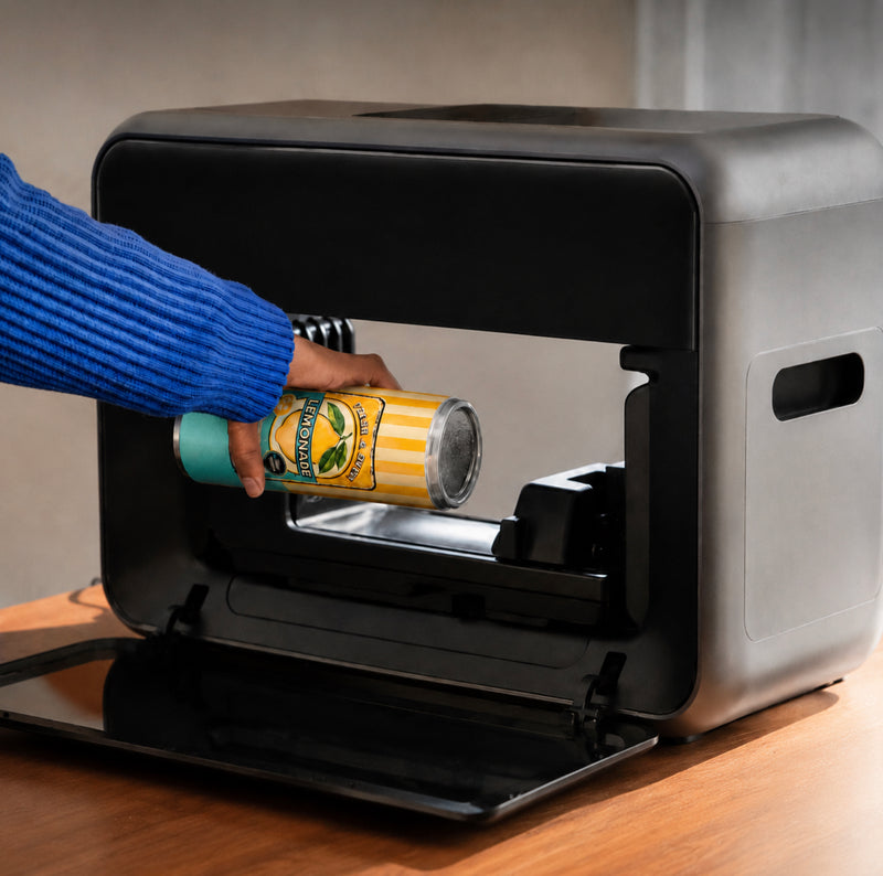Person setzt einen personalisierten Lemonade-Thermobecher in einen UV-Drucker von Hübsches Ding ein.