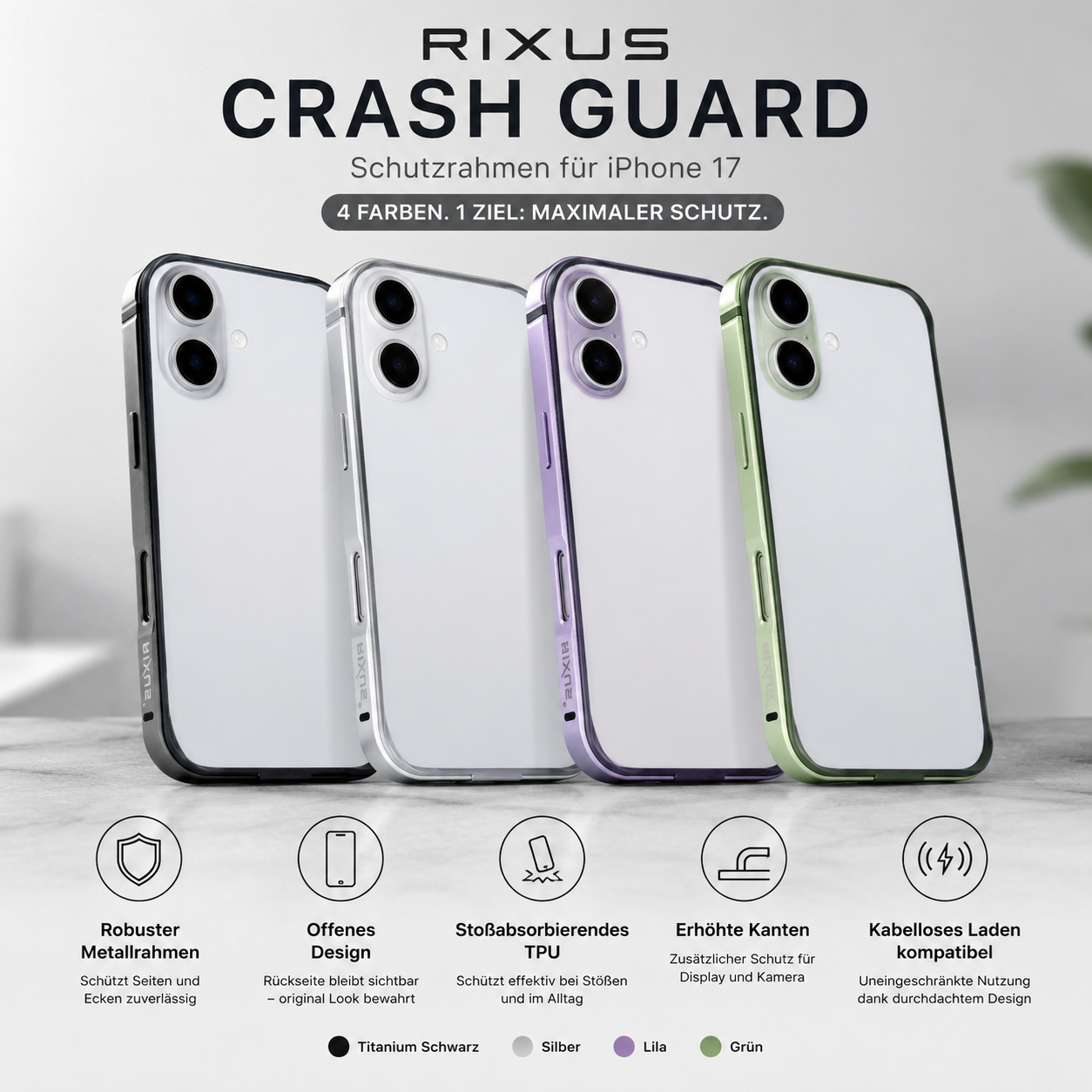 Rixus Crash Guard Schutzrahmen für Apple iPhone 17 in Titanium Schwarz, Silber, Lila und Grün mit robustem Metallrahmen, stoßabsorbierendem TPU, erhöhten Kanten und Unterstützung für kabelloses Laden.