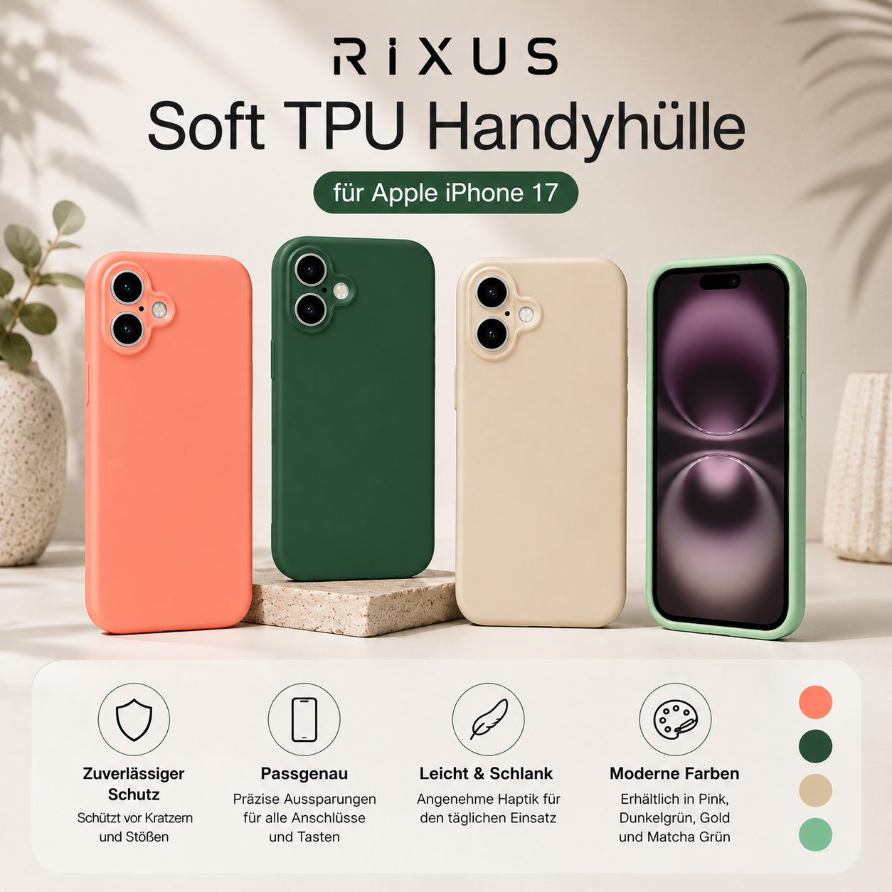 Rixus Soft TPU Handyhülle für Apple iPhone 17 in Pink, Dunkelgrün, Gold und Matcha Grün – Übersicht der Farbvarianten