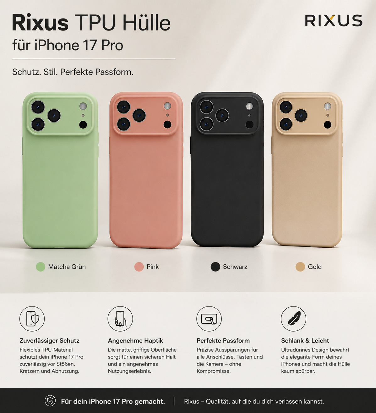 Rixus TPU Handyhülle für Apple iPhone 17 Pro – verfügbare Farben Matcha Grün, Pink, Schwarz und Gold mit flexiblem TPU-Material, Kameraschutz und passgenauer Verarbeitung für den Alltag