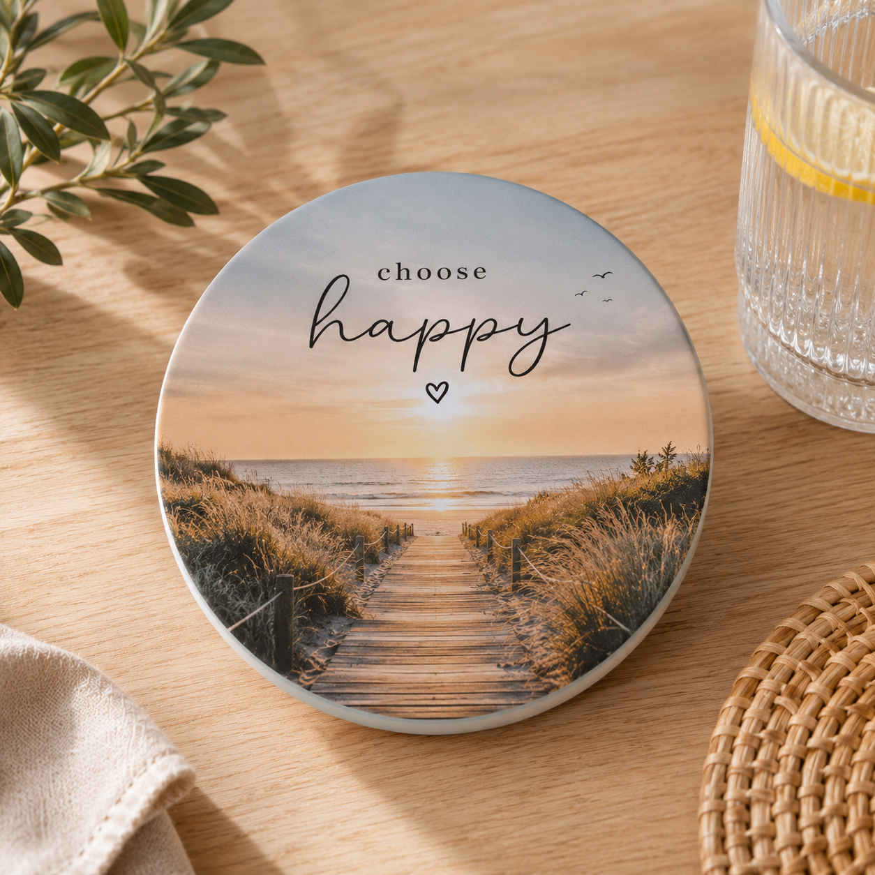 Runder personalisierter Untersetzer aus Fliese mit Strandmotiv, Holzsteg und dem Schriftzug „Choose happy“