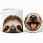 Weiße Keramiktasse mit Faultiergesicht und passendem Zungenmotiv als zweiteiliges Tierdesign.