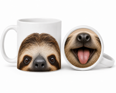 Weiße Keramiktasse mit Faultiergesicht und passendem Zungenmotiv als zweiteiliges Tierdesign.