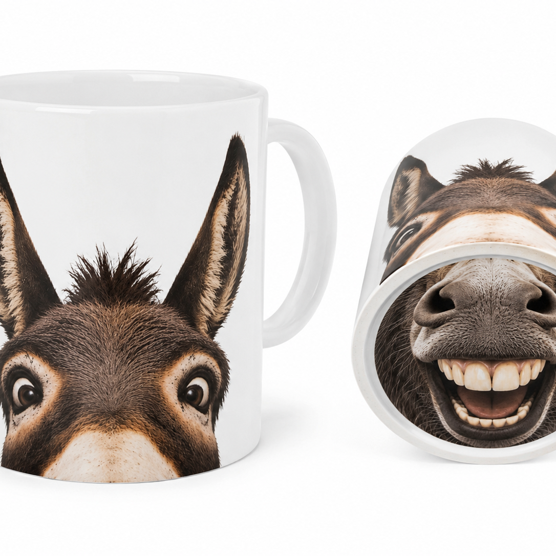 Weiße Keramiktasse mit Esel-Tiermotiv und originellem Trinkeffekt. Das Eselgesicht befindet sich seitlich auf der Tasse, das Maul auf der Unterseite und sorgt beim Trinken für einen witzigen Überraschungseffekt.