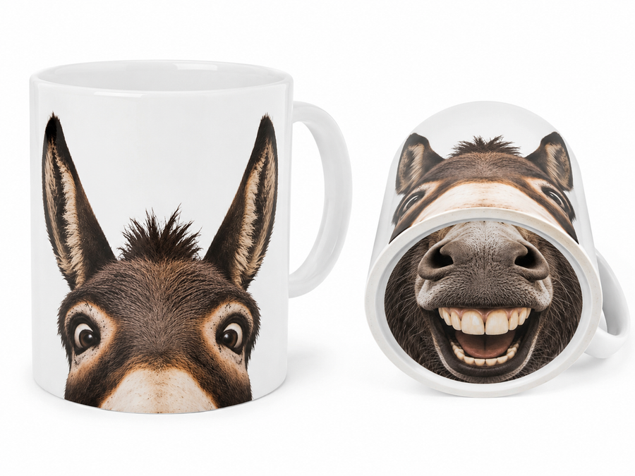Weiße Keramiktasse mit Esel-Tiermotiv und originellem Trinkeffekt. Das Eselgesicht befindet sich seitlich auf der Tasse, das Maul auf der Unterseite und sorgt beim Trinken für einen witzigen Überraschungseffekt.
