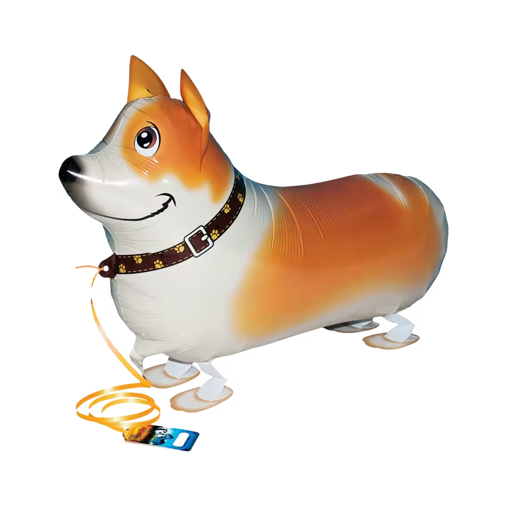 Walking Pet Corgi Folienballon in Braun-Weiß mit Halsband und laufender Funktion, großer Tierballon für Kindergeburtstage, Hunde-Partys und tierische Dekorationen.