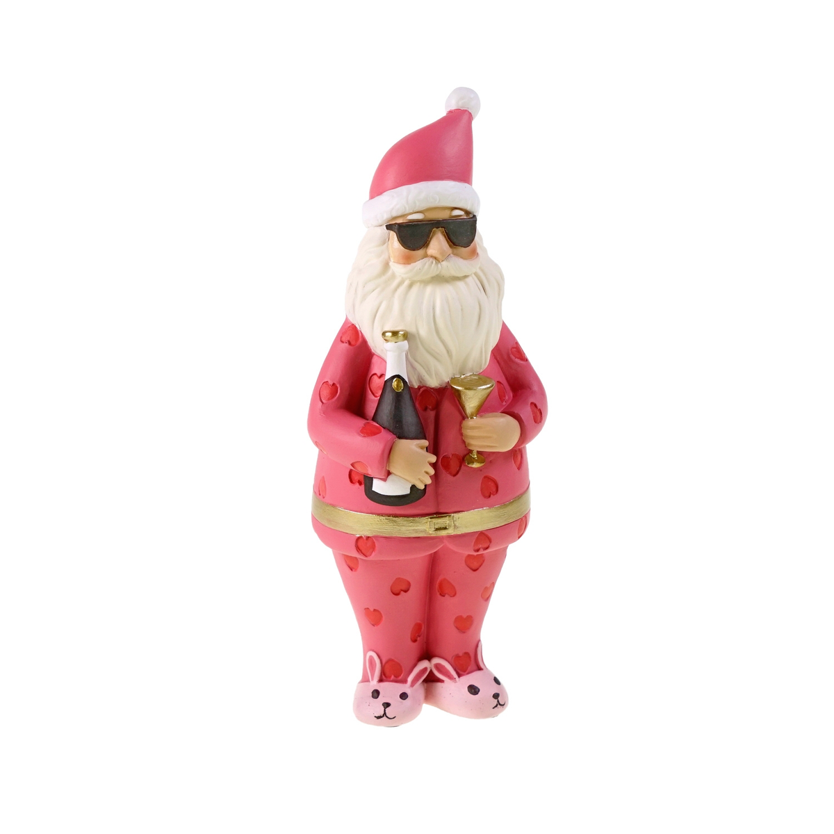 Pinker Weihnachtsmann mit Sonnenbrille, Champagnerflasche und Bunny-Schuhen, 22 cm