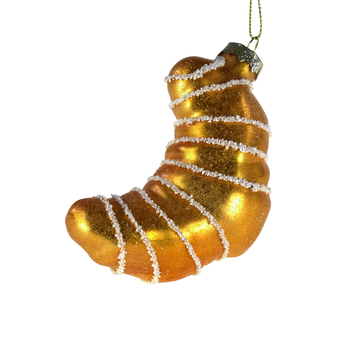 Goldbrauner Croissant-Christbaumanhänger aus Glas mit weißen Verzierungen, 12 cm