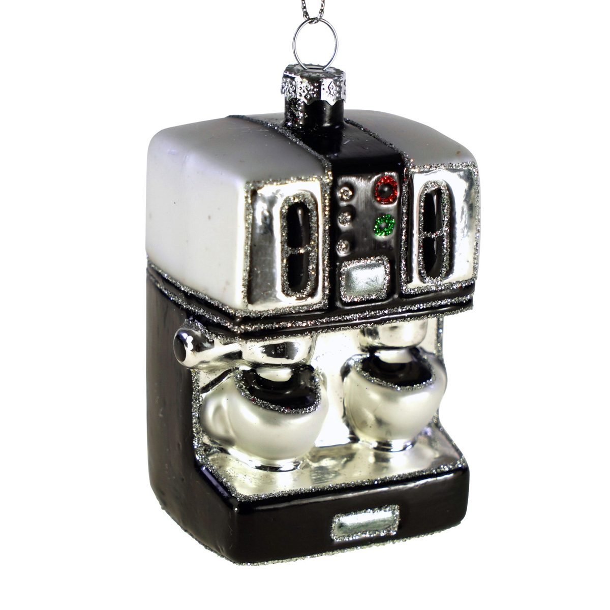 Christbaumanhänger Kaffeemaschine aus Glas in Silber und Schwarz, 10,5 cm