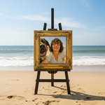 Goldener Barockrahmen von WERNS mit einem gemalten Porträt einer Frau mit Brille und großem Hund am Strand.