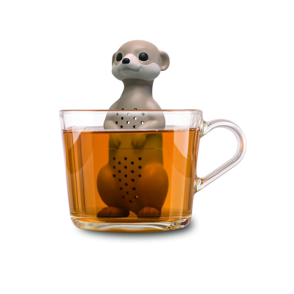 Winkee Tee-Ei in Form eines Erdmännchens in einer Glastasse mit Tee