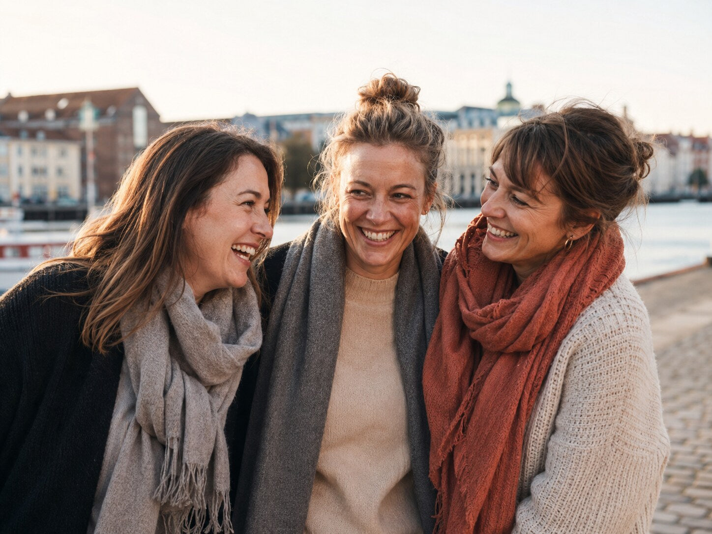 Drei Freundinnen lachen gemeinsam an der Flensburger Förde