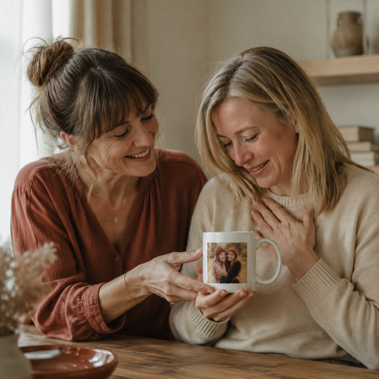 Zwei Freundinnen freuen sich über eine personalisierte Tasse mit eigenem Foto